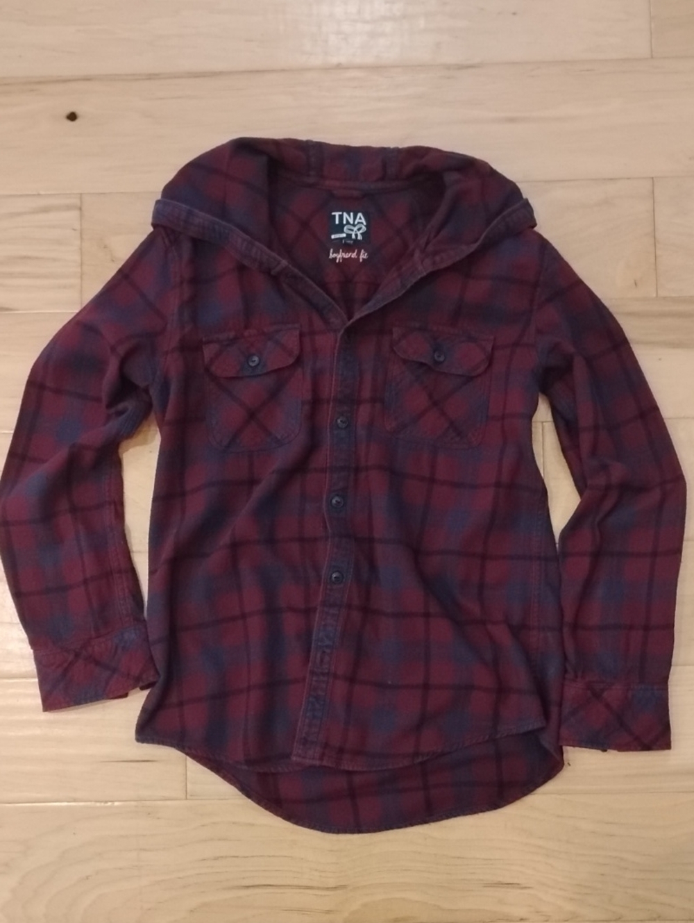 TNA Burgundy Plaid Flannel Hooded Button-Down Shirt